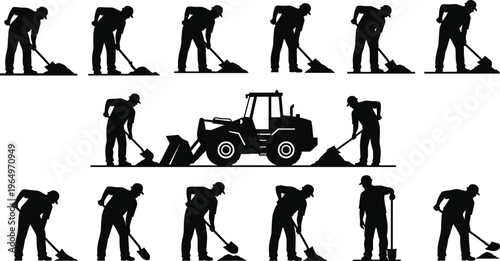 Black silhouette collection of construction workers digging with shovels and a heavy industrial wheel loader tractor isolated on white background