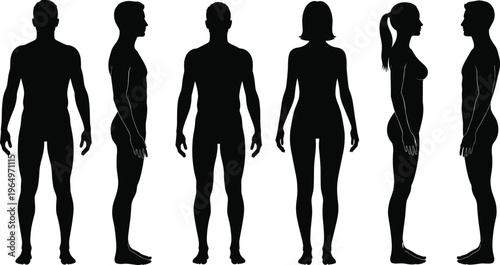 Black silhouette collection of male and female human body standing in front side and back view isolated on white background