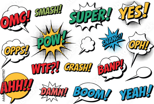 Comic speech bubbles with colorful pop art text effects including OMG POW BOOM and YES in dynamic retro style
