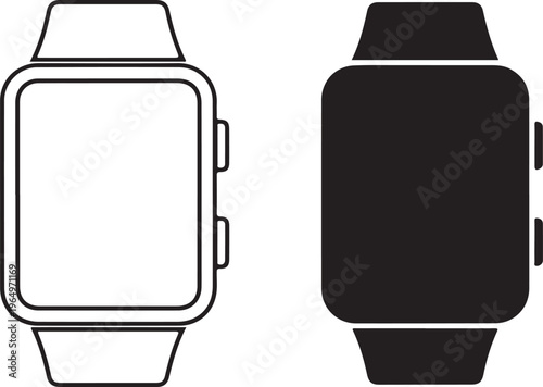 Two smartwatches with blank screens isolated on white background
