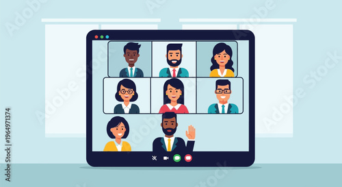 People on laptop screen in office setting have video conference meeting online