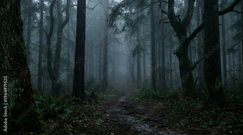 Fototapeta premium first person perspective standing in a dark foggy forest, limited visibility, tall trees fading into mist, moody atmosphere, soft shadows, mysterious cinematic lighting