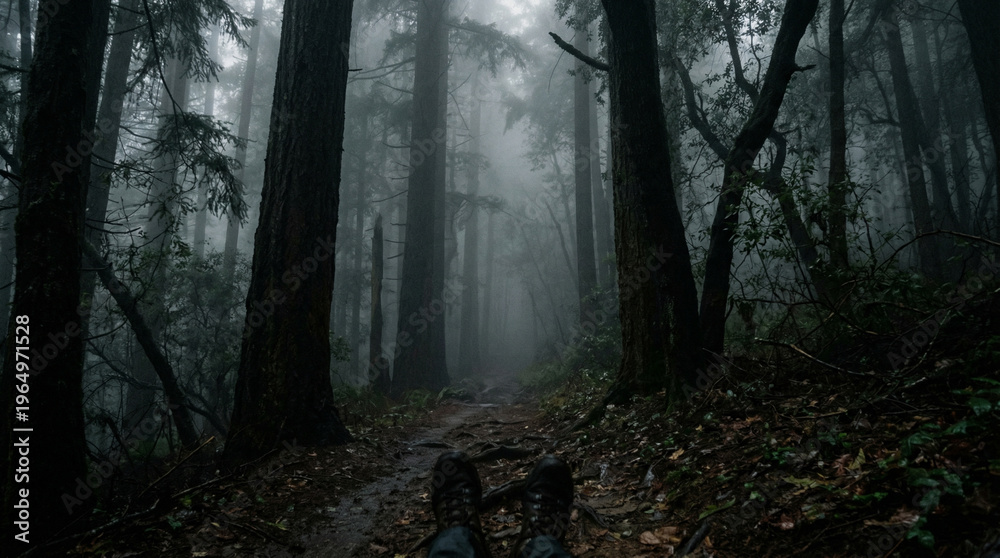 Fototapeta premium first person perspective standing in a dark foggy forest, limited visibility, tall trees fading into mist, moody atmosphere, soft shadows, mysterious cinematic lighting