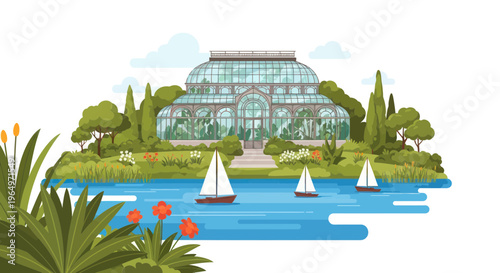 Botanical Garden Greenhouse Conservatory Lake Sailboats Landscape Illustration