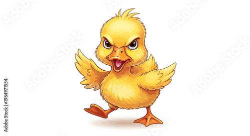 Angry cartoon duckling walking forward with open beak and raised wings