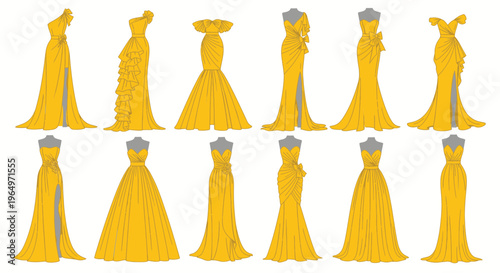 Collection of elegant yellow evening gowns on mannequins, fashion design