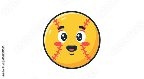 Cute Cartoon Softball Face Character with Big Eyes and Blushing Cheeks