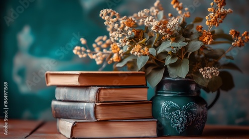 Stack of vintage books with a vase of flowers on a wooden table against a teal background.