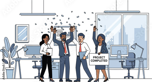 People in office celebrate project completion with confetti and smiles