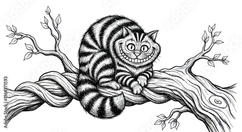 Grinning Cheshire Cat in Tree, Whimsical Illustration, Black and White Line Art