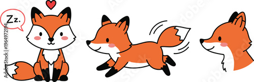 Cartoon fox illustration set with playful, sitting, and calm expressions, adorable animal artwork, cute character design, wildlife concept, stylized orange fur artwork