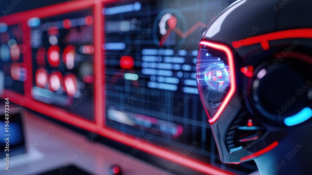 Naklejka premium Futuristic robotic head with glowing interfaces in a high-tech control room showcasing advanced technology and digital data analysis