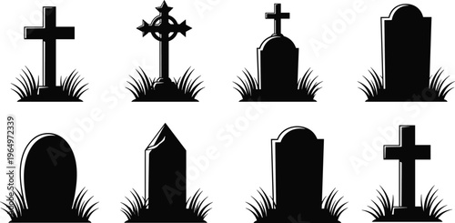 Collection of gravestone silhouettes with crosses and varied shapes, cemetery tombstone illustration, memorial design, burial ground artwork, remembrance concept, death symbolism