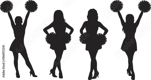 Cheerleader silhouettes set, dancing women with pom poms, sport performance vector illustration isolated