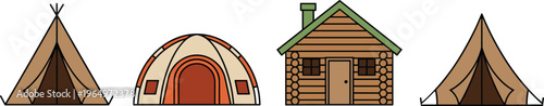 Collection of outdoor shelter illustrations including tents and log cabin, camping lifestyle concept, rustic housing, adventure design, nature living, travel accommodation artwork