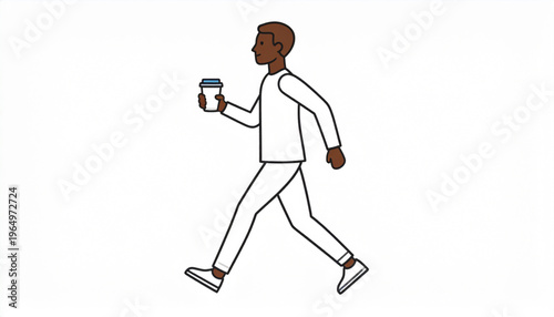 A cartoon illustration of a man with dark skin walking and holding a coffee cup.