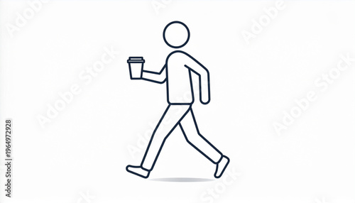 A simple line art icon of a person walking and holding a disposable coffee cup.