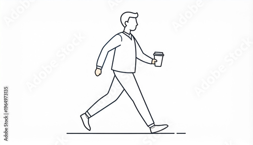 A minimalist line art drawing of a man walking and holding a coffee cup.