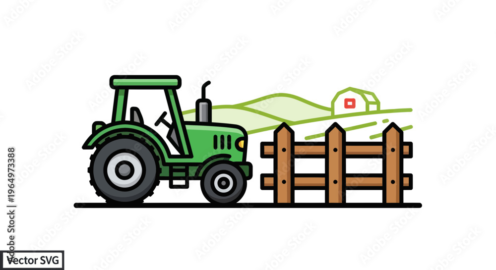 Naklejka premium Green Tractor by Wooden Fence, Farm Landscape with Hills and Barn