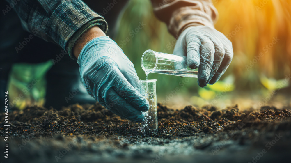 Naklejka premium Scientist hands performing soil testing for agriculture research