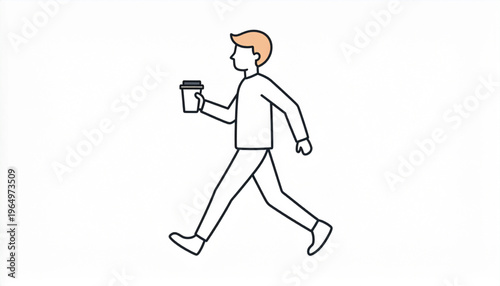A minimalist line drawing of a person walking while holding a disposable cup.