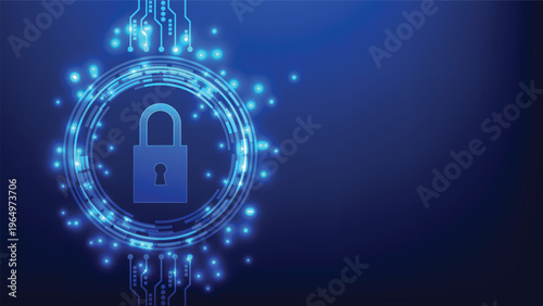 data access protection and cyber security. digital padlock with futuristic circle on blue background with copy space
