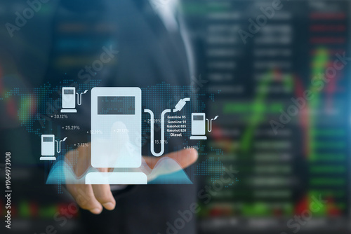 Businessman hand interacting with virtual gas pump icon and financial stock market charts, Global oil price trading, energy business investment, fuel economy, corporate inflation and data concepts