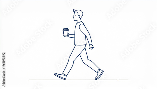 A minimalist line drawing of a man walking and holding a coffee cup.