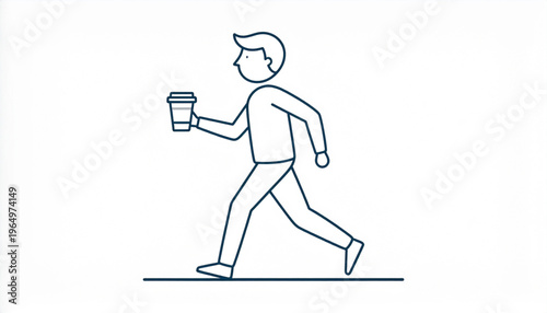 A minimalist line drawing of a person walking and holding a coffee cup.
