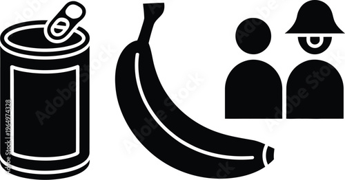 A black silhouette icon of food and people with a can and banana