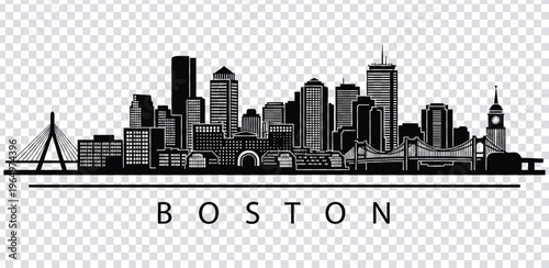 Vector illustration black and white silhouette of boston city skyline with bridges and buildings