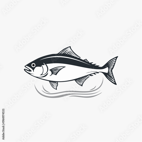 Illustration of a leaping tuna fish over waves, symbolizing active aquatic life and the thrill of the catch