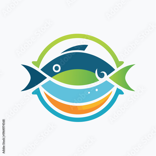 Creative fish logo design representing freshness and sustainability in a vibrant circular emblem with flowing lines and aquatic colors