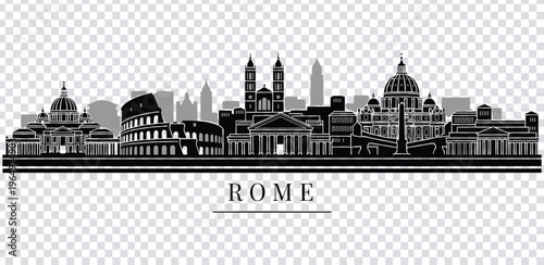 Vector illustration black and white rome city skyline with famous landmarks and buildings