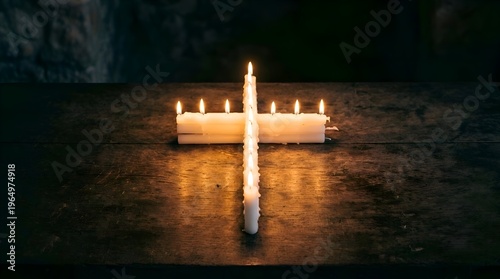 Candles arranged in a cross shape, glowing in a dark, solemn setting.