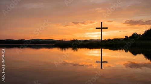 Christian Cross Silhouette Reflected in Calm Lake Water at Golden Sunset.