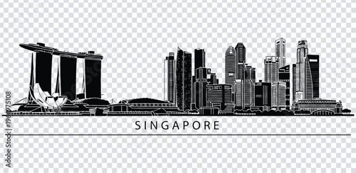 Vector illustration singapore city skyline with famous buildings and skyscrapers in black and white