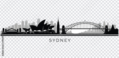Vector illustration black silhouette of sydney city skyline with famous landmarks