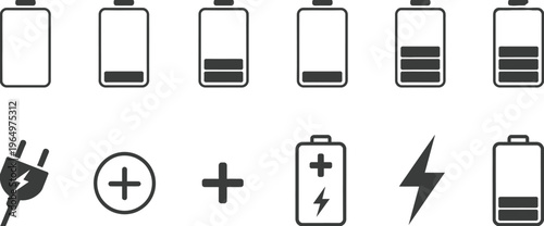 Battery charging level icons black vector illustration featuring full empty and partial status symbols with electric plug lightning bolt energy indicators, modern flat design