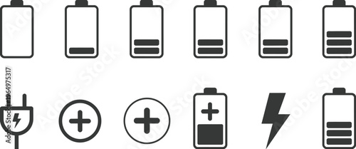 Battery charging level icons black vector illustration featuring full empty and partial status symbols with electric plug lightning bolt energy indicators, modern flat design