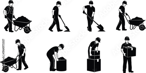 Construction and Warehouse Worker Silhouettes Set Featuring Men Pushing Wheelbarrows, Digging with Shovels, Lifting Heavy Boxes, and Manual Labor Activities