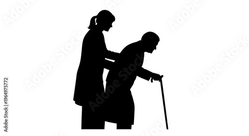 Silhouette of Elderly Couple with Cane.