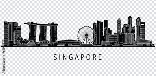 Vector illustration singapore city skyline with famous landmarks and ferris wheel in black silhouette