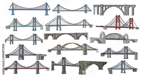 Collection of diverse bridge designs, including suspension, arch, and beam structures.