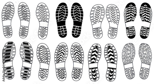 Collection of diverse shoe sole prints, black and white illustration