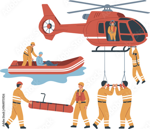 Emergency rescue operation with helicopter and team, paramedics saving victims, disaster response vector illustration