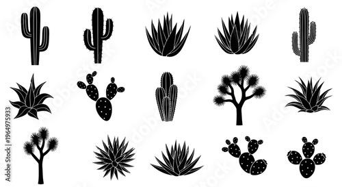 Desert Plants Silhouette Collection: Cactus, Aloe Vera, Joshua Tree Icons