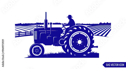 Farmer driving vintage tractor in cultivated field, rural agriculture scene