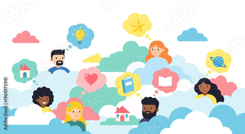 Diverse Children Dreaming and Thinking in Clouds, Ideas and Imagination