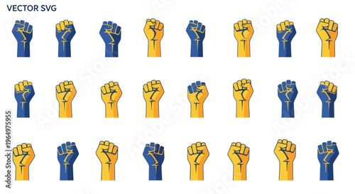 Fist Power Symbol Vector Icons: Blue and Yellow Solidarity